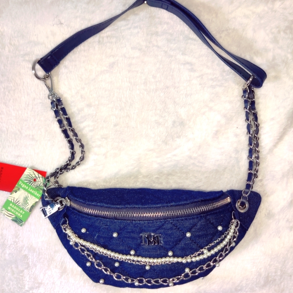 Badgley Mischka Navy Blue Chain-Embellished Shoulder Bag